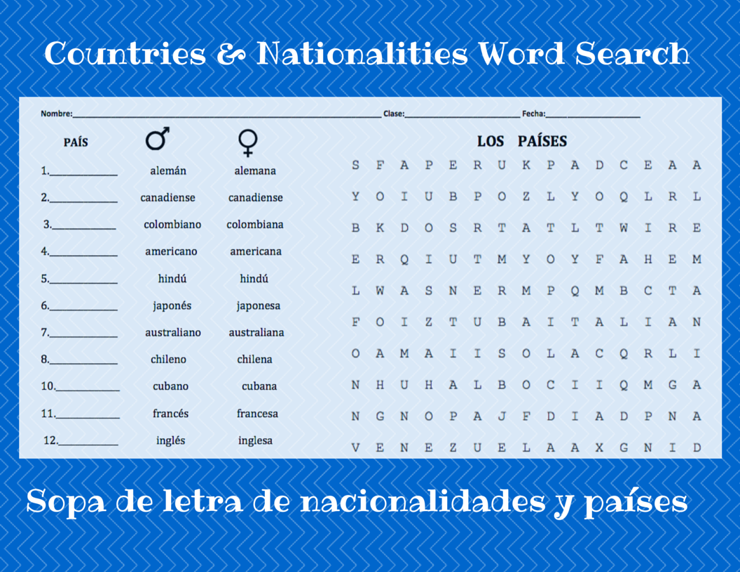 Countries Nationalities Word Search TeachingRealSpanish